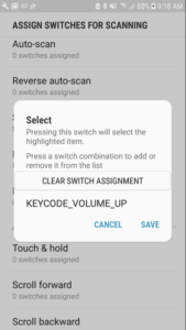 Screenshot of Android assigning the "select" switch