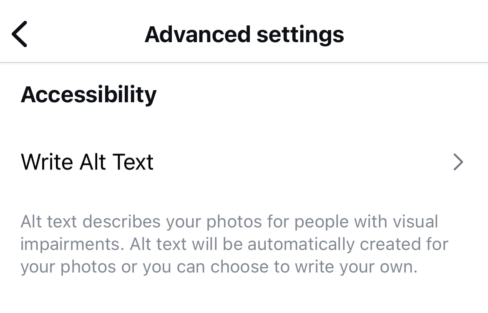 Accessibility settings screen with option to write alt text for people with visual impairments.